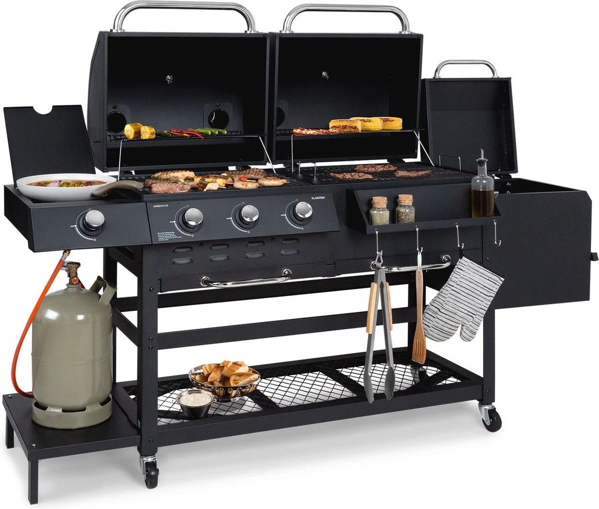 Klarstein Kingsville Double Barbecue - Houtskool- En Gasbarbecue - Smoker BBQ - Inclusief Deksels En Thermometer - Met 2 Roosters - Zwart - Image 11