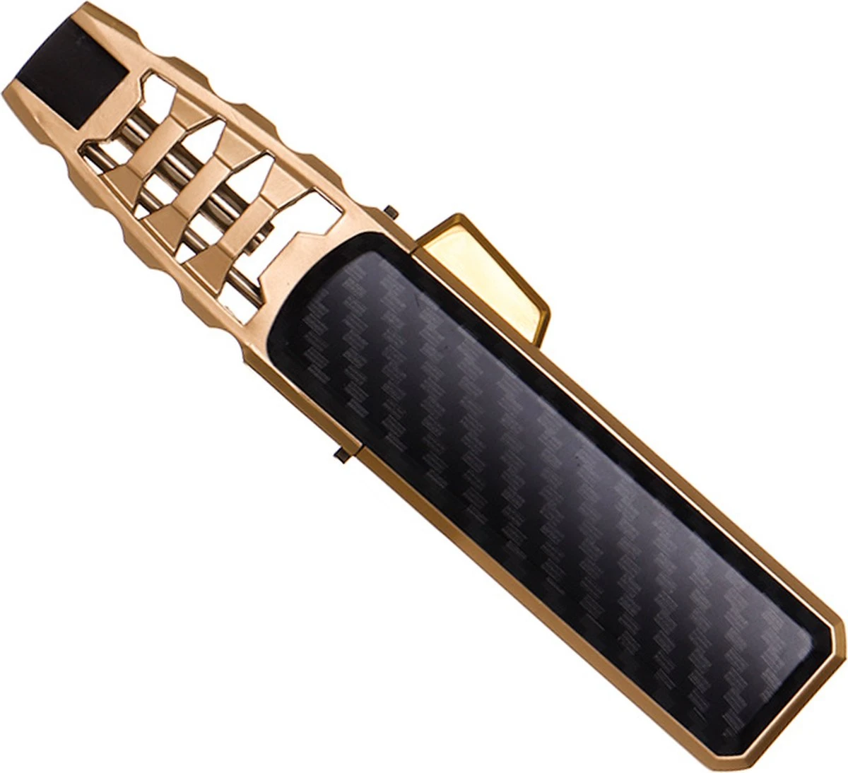 Merkloos Turbo Jetflame Aansteker - Gasbrander - Vuurwerk Torch - Crème Brûlée Brander - BBQ En Sigaren Aansteker - Windproof - Carbon Met Goudkleurige Metalen Behuizing - Image 6