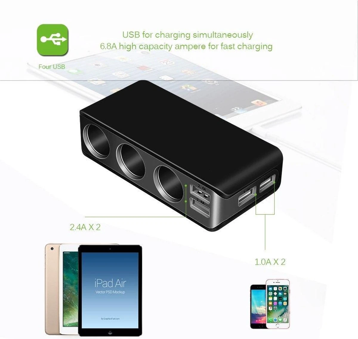 WiseGoods - Premium Auto Sigarettenaansteker Splitter - 4 Poorten USB - Autolader USB - Autolader Splitter - 12V Splitter - Image 6