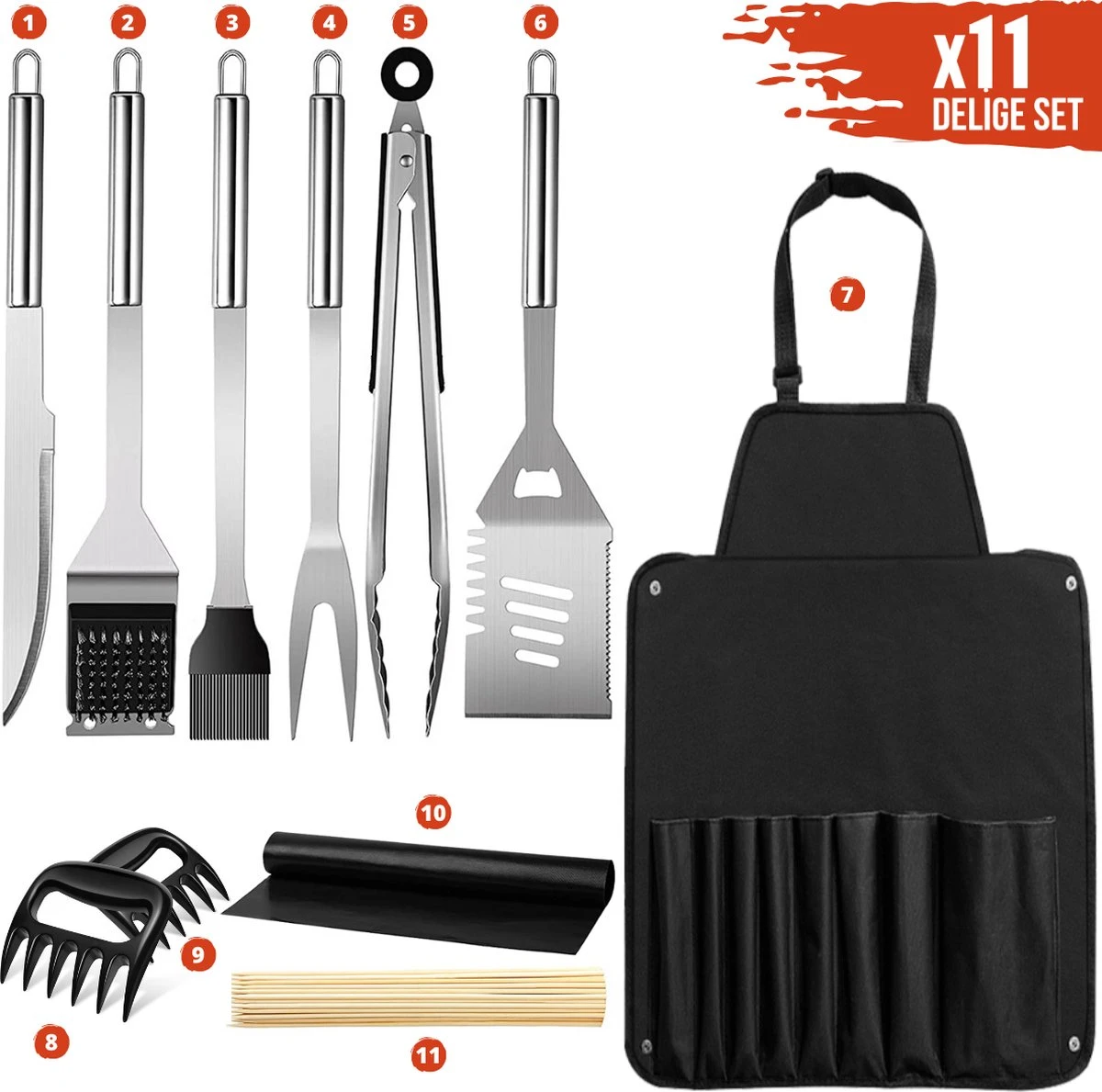Squago BBQ Accesoires XXL Set Met Schort - Gereedschap - Gereedschapset Tang Borstel Mat - Image 5