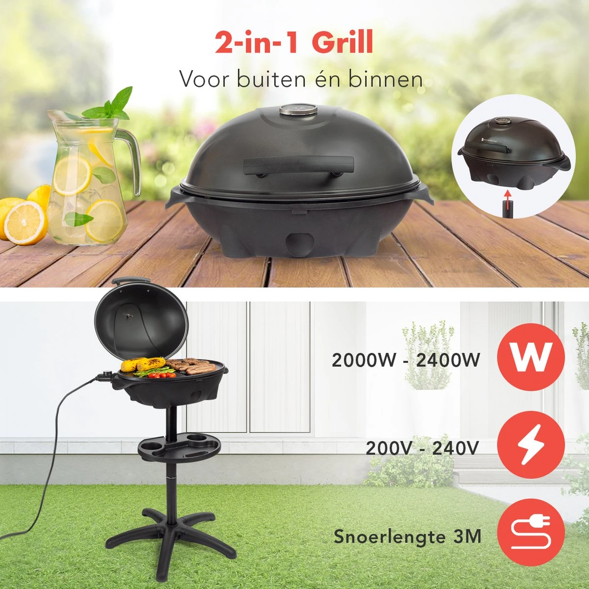 KitchenBrothers Elektrische BBQ - Met Grillplaat - Anti-aanbaklaag - Incl. Plank/Houders - Grilloppervlak 46,5x33,8cm - Tot 300°C - 2400W - Zwart - Image 6