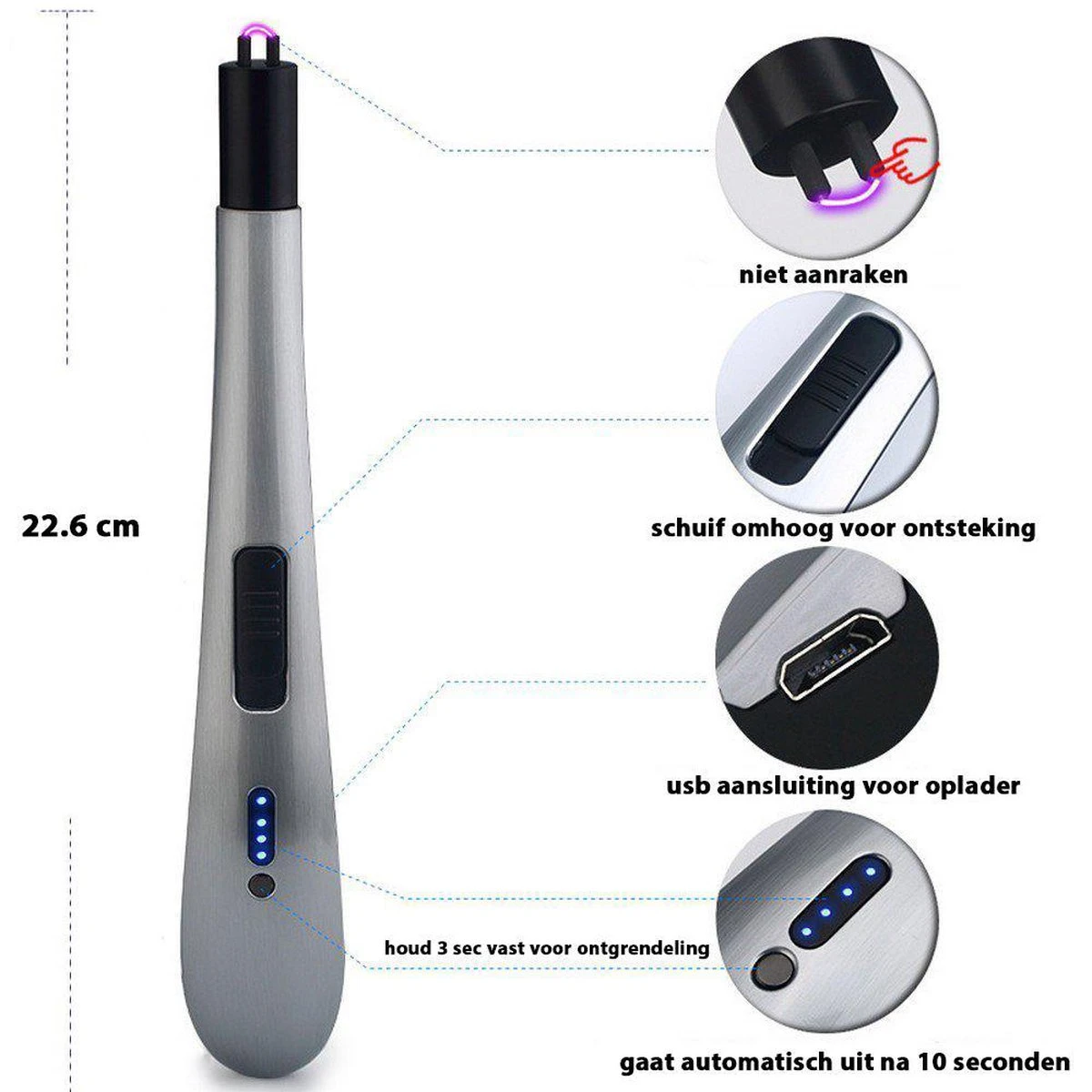 Oplaadbare Lange Elektrische Aansteker - Zilver - Duurzame Plasma Aansteker - Inclusief Cadeauverpakking - BBQ - Kaarsen - Image 2