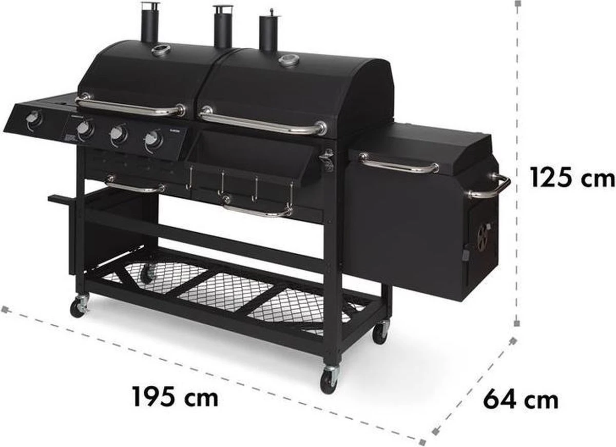 Klarstein Kingsville Double Barbecue - Houtskool- En Gasbarbecue - Smoker BBQ - Inclusief Deksels En Thermometer - Met 2 Roosters - Zwart