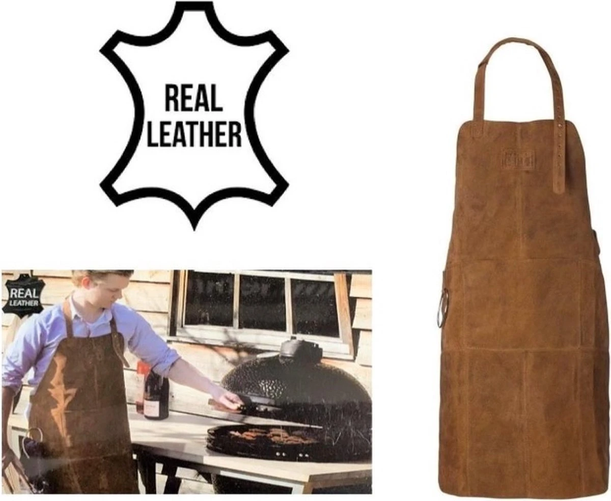 Lederen Barbecue Schort Met Voorvak Lichtbruin - BBQ Schort 100% Buff Suede