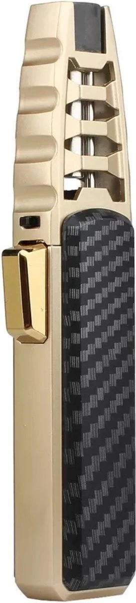 Merkloos Turbo Jetflame Aansteker - Gasbrander - Vuurwerk Torch - Crème Brûlée Brander - BBQ En Sigaren Aansteker - Windproof - Carbon Met Goudkleurige Metalen Behuizing - Image 3