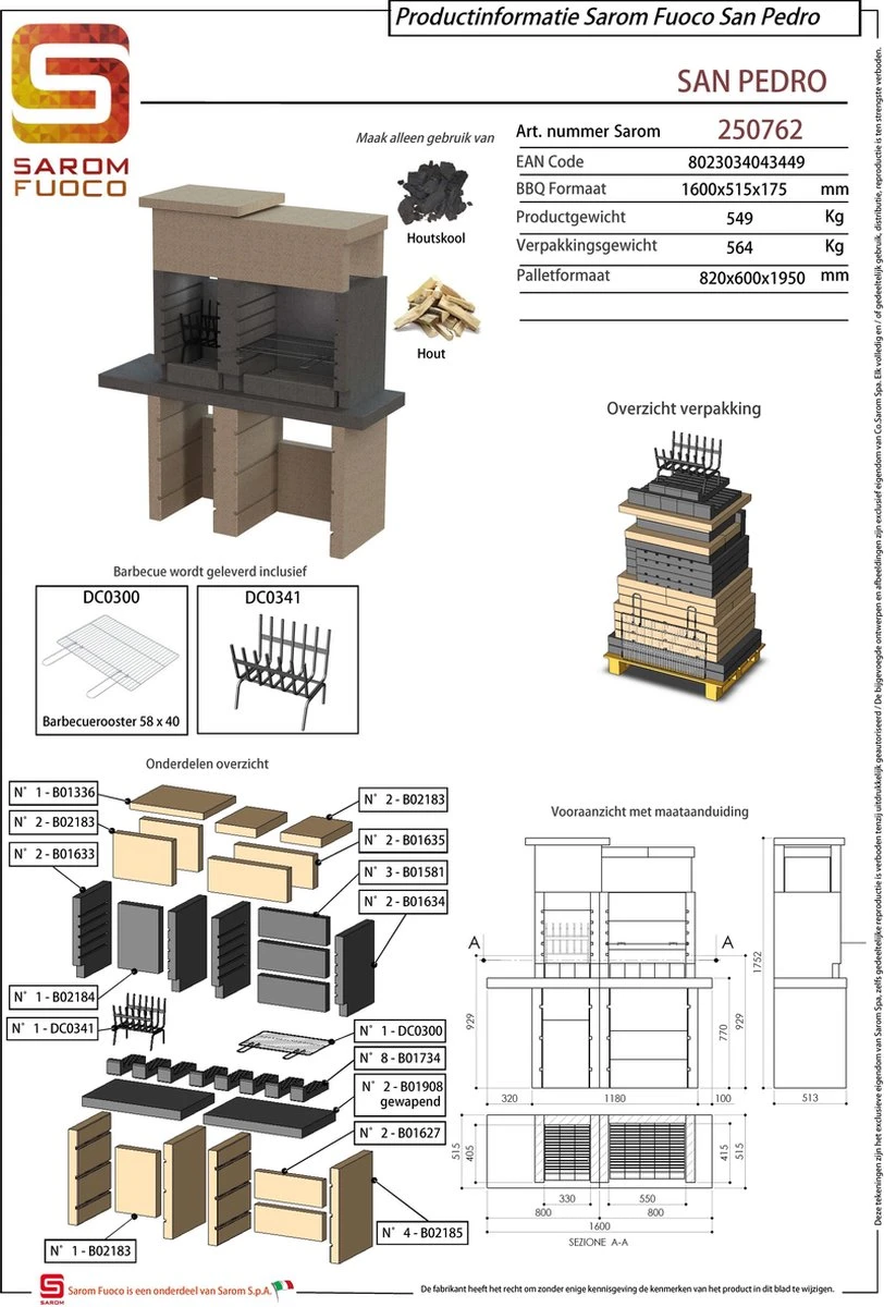 Sarom Fuoco - Betonnen Barbecue - San Pedro - Houtskool En Hout - 160 X 51.5 X 172,2 Cm - Image 3